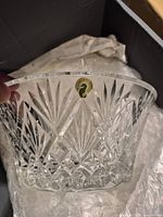 Side view of Cassidy crystal bowl with Waterford sticker in bubble wrap