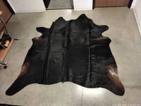 Full view of cowhide rug on floor