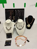 Overall lot showing three necklace busts, display board with earrings and necklaces