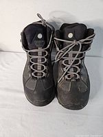 Front view of both boots showing lacing, toe condition, overall style