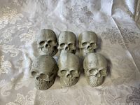 Six gray concrete skull figurines front view