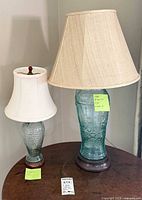 Both aqua pressed glass table lamps with shades displayed on table