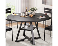 Marketing photo of assembled round table with metal base and lower shelf