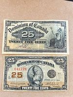 Obverse of both 25-cent notes showing dates, designs, serial number 644779 on 1923 note
