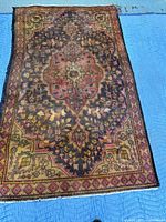 Full view of rug on blue background showing entire pattern and borders