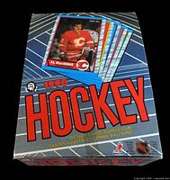 Top view of 1989-90 O-Pee-Chee Hockey wax box showing Al MacInnis image and logo details