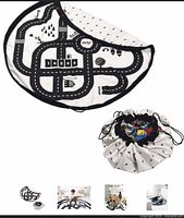 Manufacturer style image of round roadway print mat partially cinched and fully cinched as storage bag