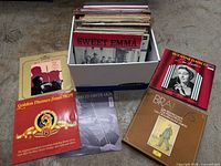 Box containing stacked 12" LPs and visible box sets with several identifiable covers
