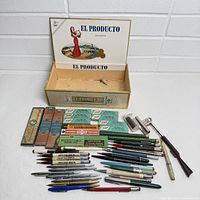 Overview of all mechanical pencils, pens, lead boxes and cigar box