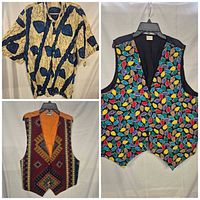 Composite view of all three garments: batik shirt, lightbulb vest, Aztec vest