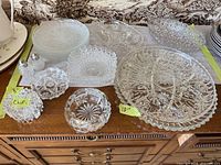 Group of pressed/cut glass serveware on sideboard showing all pieces