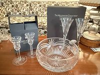 Group shot showing bowl, two sherry glasses, two Millennium flutes with boxes
