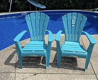 Front view of two teal Adirondack chairs beside pool