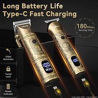 Two gold Ufree clippers showing LED displays and charging cables, 180-minute runtime info