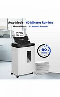 Front view of shredder showing 150-sheet auto mode and 60-minute runtime graphic