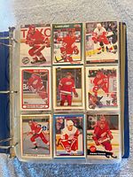 Binder open showing nine Detroit Red Wings cards from various brands
