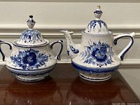 Front view of lidded sugar bowl and teapot displaying full set
