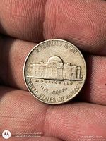 Reverse view of 1948-S Jefferson Nickel showing Monticello and denomination