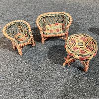 Full view of the three wicker miniature furniture pieces