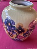 Front view of ceramic vase showing pansy decorations