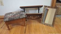 group shot of footstool, both shelves, mirror