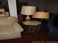 Overview showing both ceramic table lamp and metal tripod floor lamp