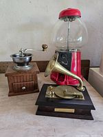 Overall view of gumball machine, coffee grinder and music box
