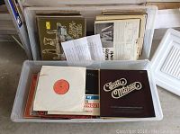 Wide shot of two plastic containers filled with vinyl records showing a variety of album covers and record sleeves.