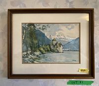 Full view of framed Château de Chillon print under glass
