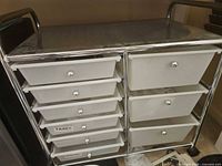 front view of organizer cart showing all nine drawers in chrome frame