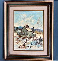 Framed oil painting hung on blue wall showing full frame and artwork