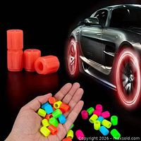 Promotional image showing multiple neon valve caps and example on car wheel
