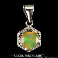 Front view of sterling silver hexagon pendant with 6 mm fire opal and surrounding clear stones