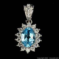 Front view of pendant showing blue topaz, halo and bale