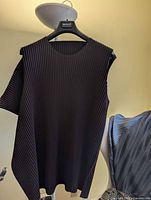 Front view of black pleated sleeveless top on hanger