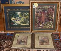Four framed prints arranged: two large garden-themed prints and two smaller floral potted prints.