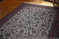 Full view of fringed rectangular area rug showing floral vine pattern and red border on hardwood floor