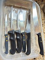 Top view of six knives in plastic tray showing full blades