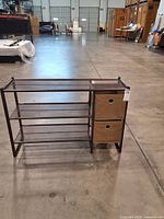 Front view of metal mesh rack with two fabric drawers