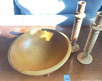 Baribocraft bowl with pair of turned wood candlesticks on table