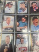 Nine trading cards in binder page showing various NASCAR announcers