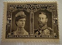 Full view of 1908 half-cent Quebec Tercentenary stamp