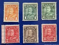 Group shot of all six King George V Arch Issue stamps