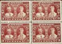 Full view of mint block of four 3¢ 1935 Canada Silver Jubilee stamps