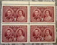 Front view of 3¢ Coronation stamp block, showing portraits and denomination