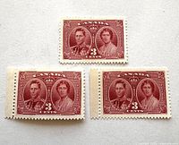 Three 1937 Canada 3¢ coronation stamps, front view