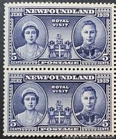 Pair of 5¢ Newfoundland Royal Visit stamps, full view