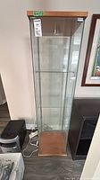 Front view of the IKEA glass and wood display cabinet showing overall form and shelves