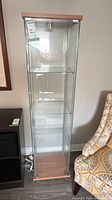 Full front view of glass and wood IKEA cabinet showing shelves and power cord