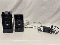 Front view of both Insignia desktop speakers with attached cables and power adapter